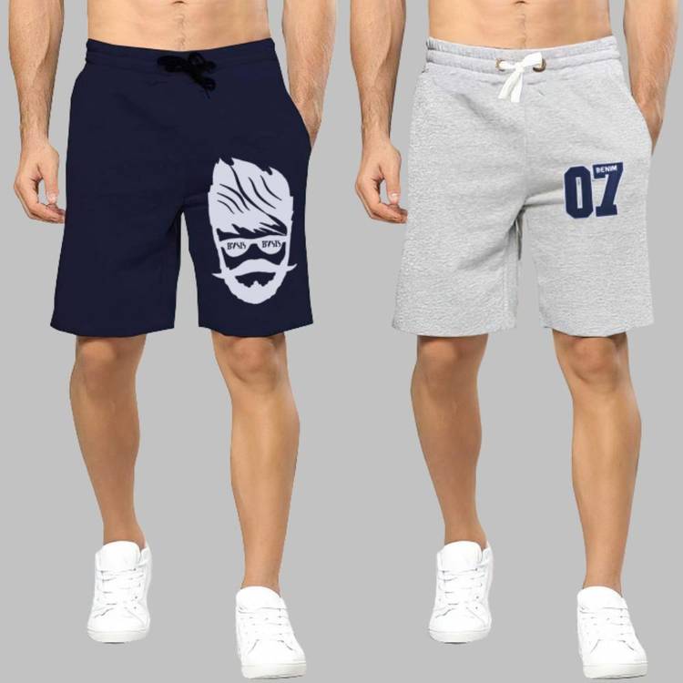 Printed Men Dark Blue, Grey Basic Shorts