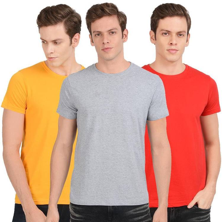 Solid Men Round Neck Red, Yellow, Grey T-Shirt