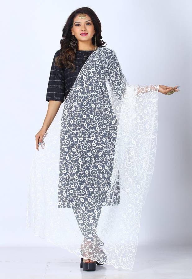 Cotton Blend Woven, Embroidered White Women Dupatta