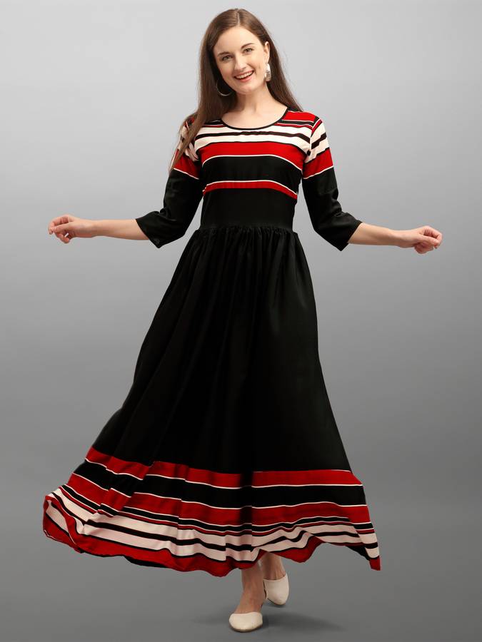 Women Striped Poly Crepe Flared Kurta