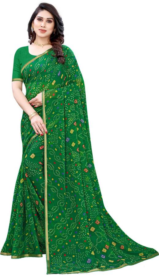 Geometric Print, Printed, Embellished Bandhani Chiffon Saree