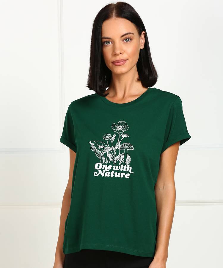Floral Print Women Round Neck Dark Green T-Shirt