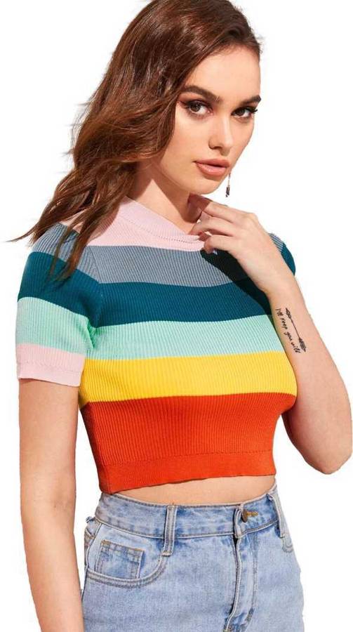 Casual Short Sleeve Striped Women Multicolor Top