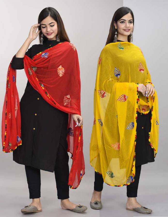 Chiffon Embroidered Red, Yellow Women Dupatta