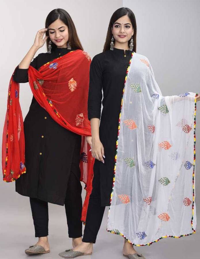 Chiffon Embroidered Red, White Women Dupatta