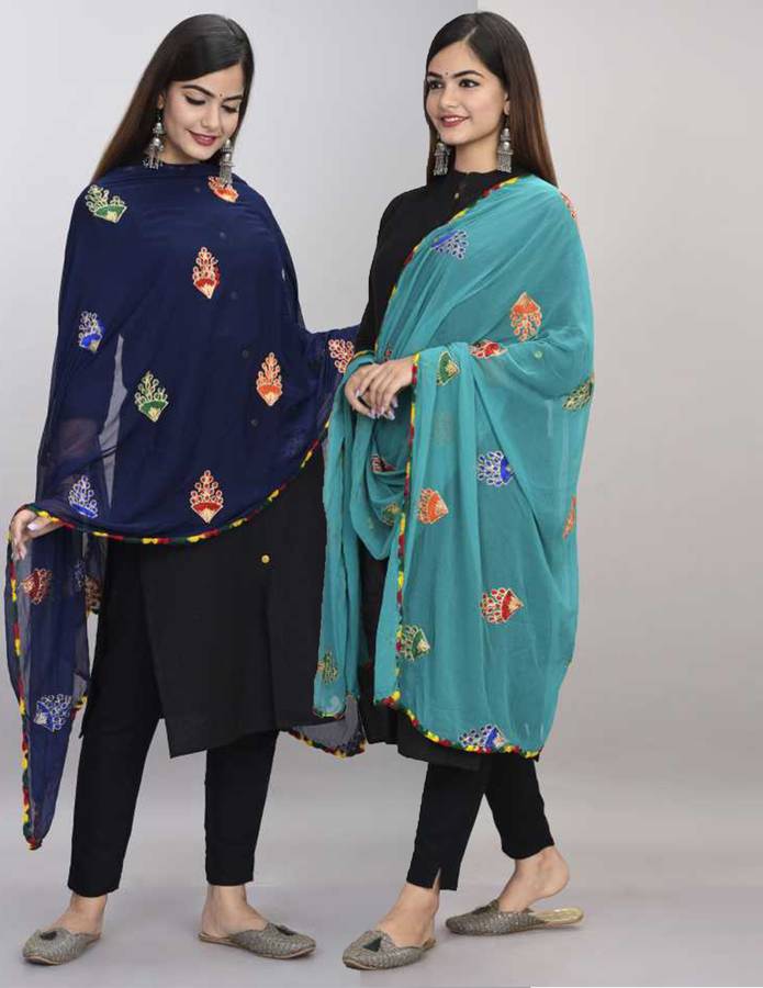 Chiffon Embroidered Dark Blue, Light Blue Women Dupatta