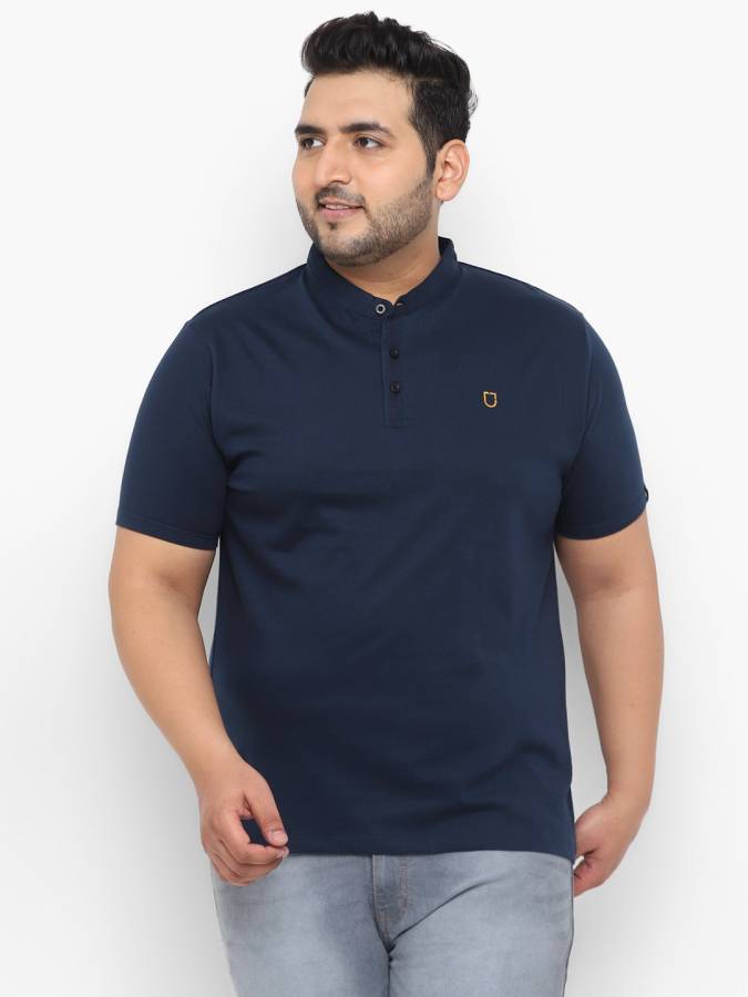 Solid Men Mandarin Collar Dark Blue T-Shirt Price in India