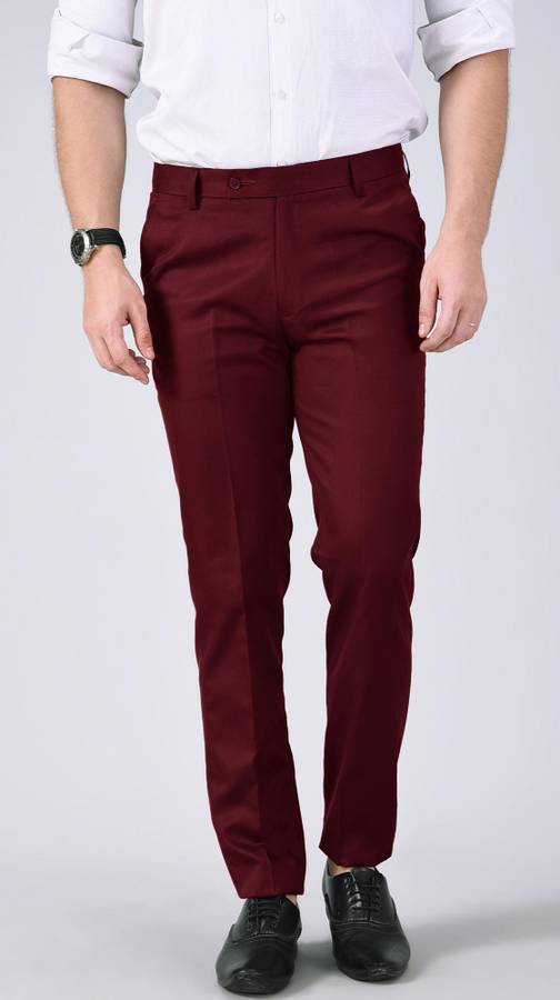 Regular Fit Men Maroon Polyester Viscose Blend Trousers