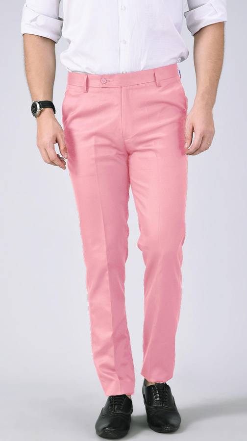 Regular Fit Men Pink Polyester Viscose Blend Trousers