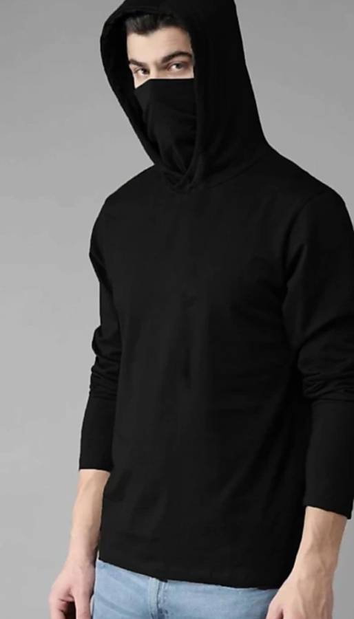 Full Sleeves Hooded Tshirt for men Solid Men Hooded Neck Black T-Shirt Price in India