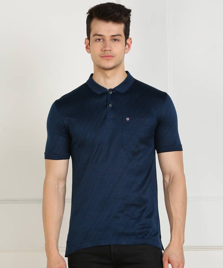 Self Design Men Polo Neck Blue T-Shirt