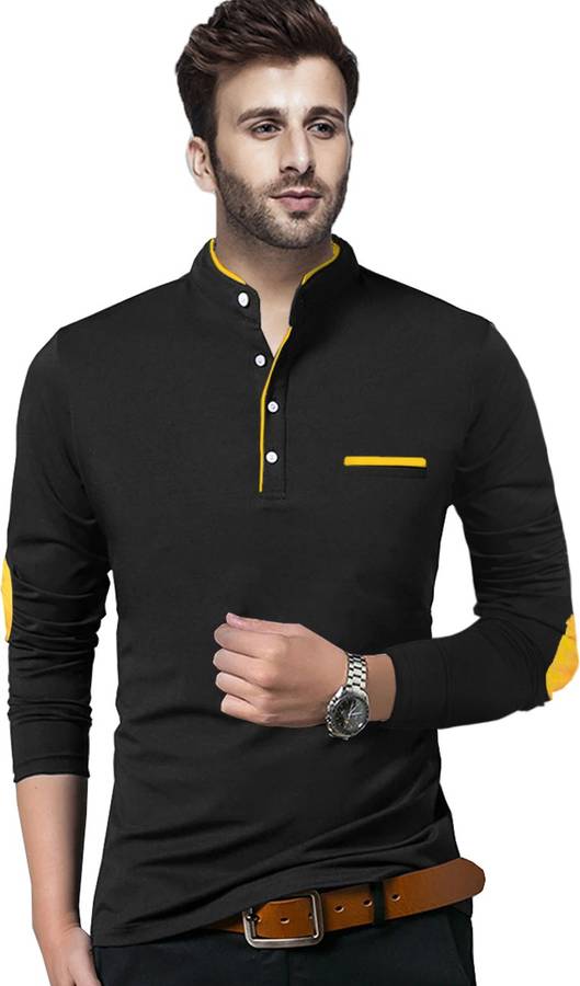 Solid Men Henley Neck Black, Yellow T-Shirt Price in India