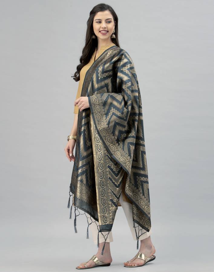 Silk Blend Embellished, Woven Grey Women Dupatta