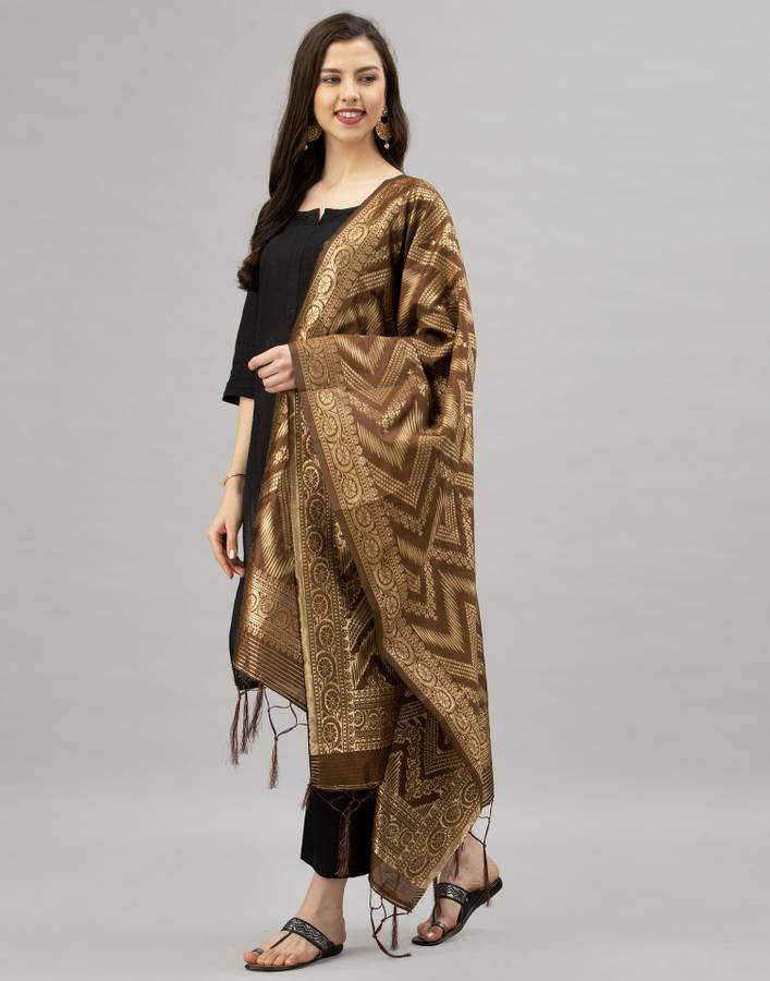 Silk Blend Embellished, Woven Brown Women Dupatta