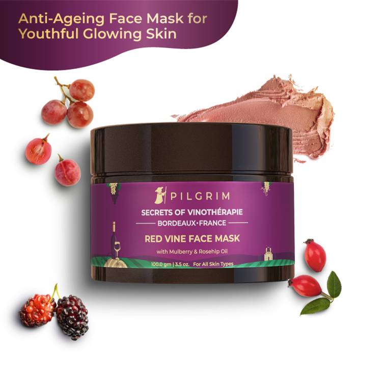 Pilgrim Anti Ageing Red Vine Face Pack & Mask for Glowing Skin, De-Tan, Dark Spots, Blackheads Removal, 100g Price in India