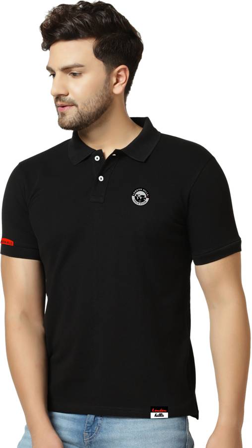 Solid, Embroidered Men Polo Neck Black T-Shirt