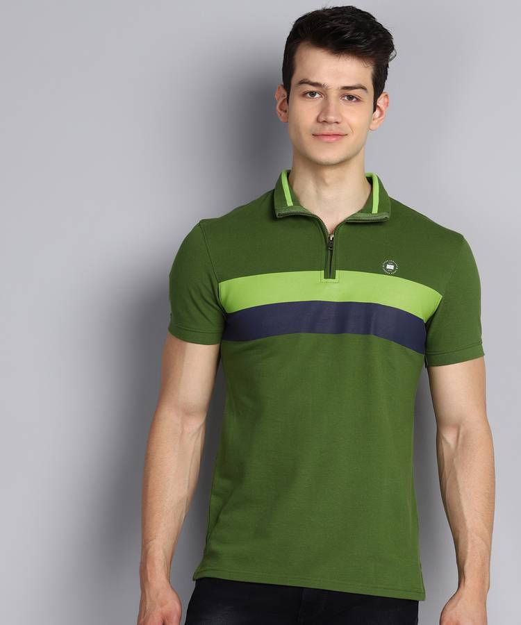 Color Block Men High Neck Green T-Shirt