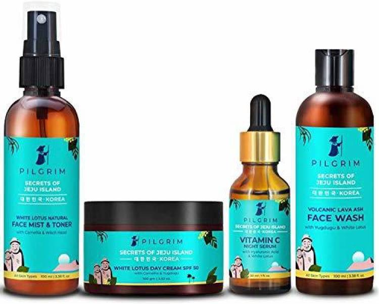 Pilgrim Complete Face Care Combo -  100ml, Face Mist & Toner 100ml, Day Cream with SPF 50 100gm & Vit C Night Serum 30ml, All Skin Type | No Paraben No Sulphate | Korean Beauty Secrets Face Wash Price in India