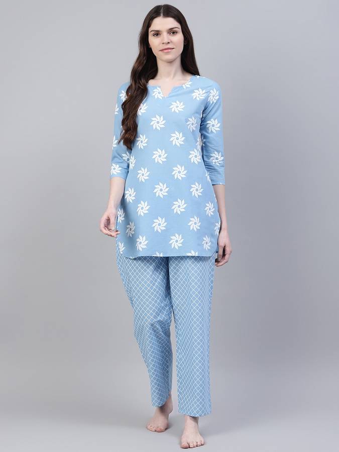 Women Printed Light Blue, White Night Suit Set
