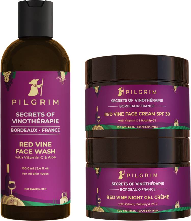 Pilgrim Red Vine AM PM Face Care Kit, Anti-Ageing, De-Pigmentation, Skin Repair, Face Wash 100ml, Face Cream SPF 50 50gm, Night Gel Creme 50gm, All Skin Types, Men & Women Price in India