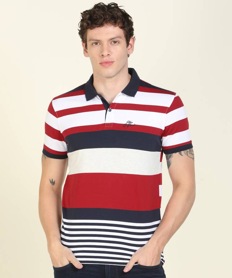 Striped Men Polo Neck Red T-Shirt