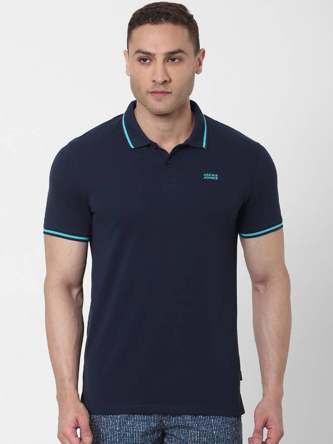 Solid Men Polo Neck Dark Blue T-Shirt Price in India