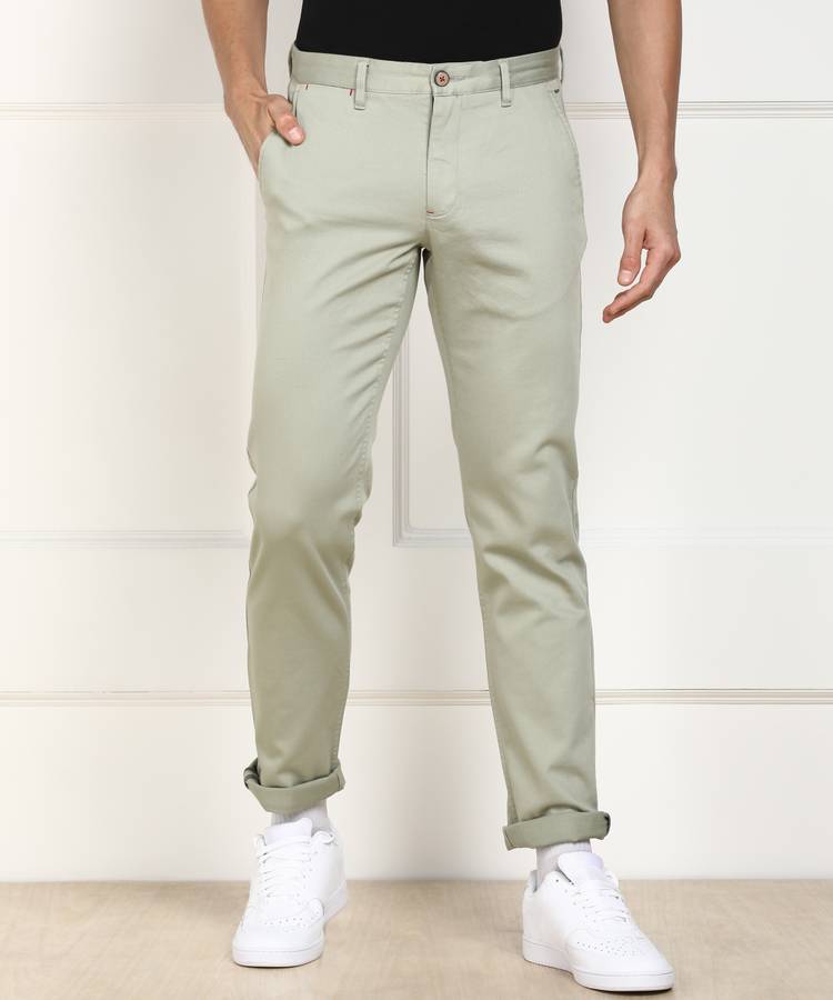 Regular Fit Men Light Green Cotton Blend Trousers