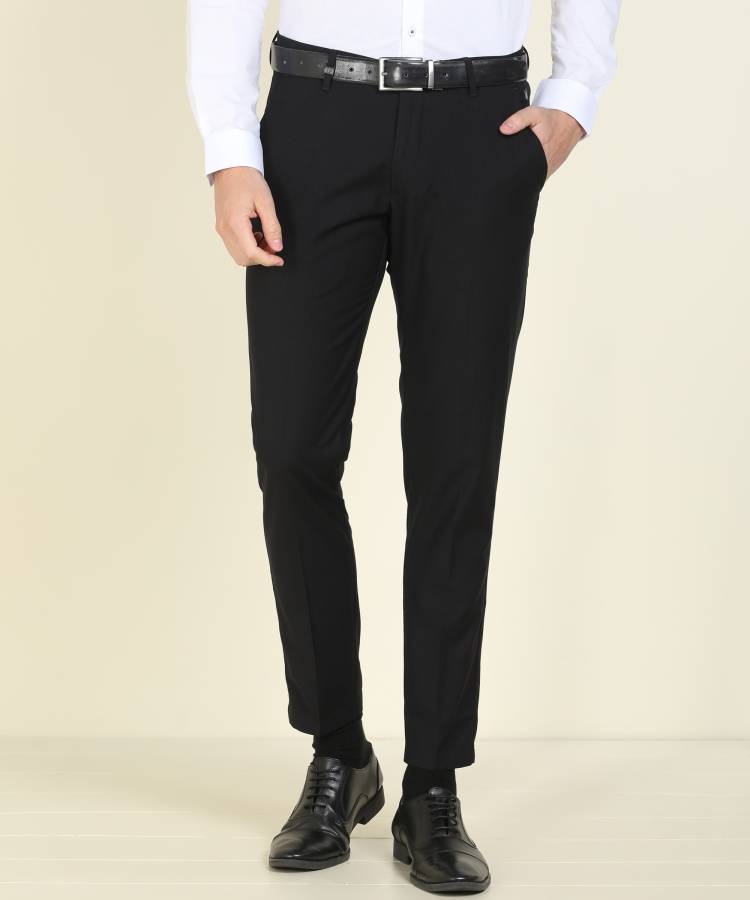 Tapered Men Black Polyester Blend Trousers