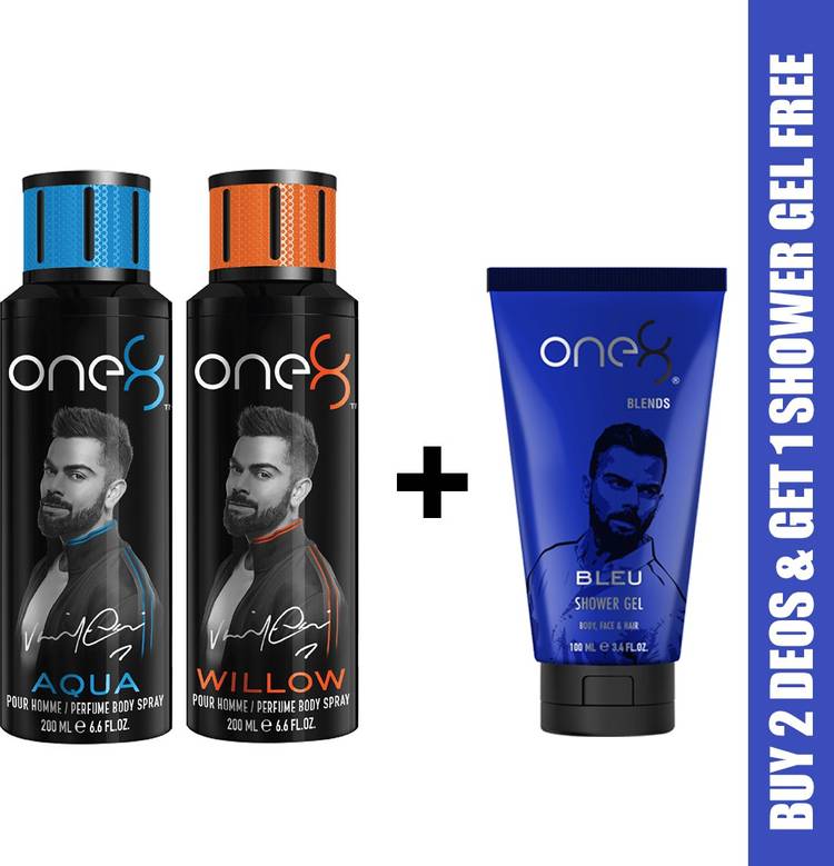 one8 by Virat Kohli One8 Combo Buy 2 Deo's(Aqua+Willow) and Get 1 Shower Gel Free (Bleu) Deodorant Spray  -  For Men