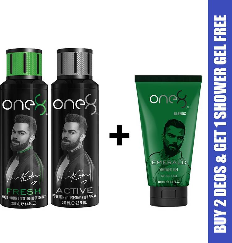 one8 by Virat Kohli One8 Combo Buy 2 Deo's (Active+Fresh) and Get 1 Shower Gel Free (Emerald) Deodorant Spray  -  For Men