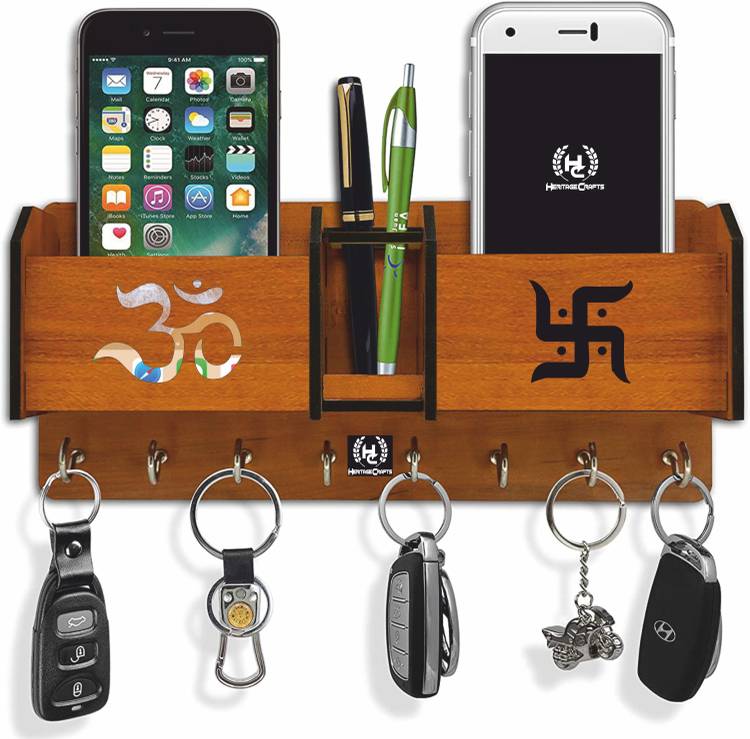Heritagecrafts Special Addition Om Swastik Unique Wooden 2 Pocket Pen Stand 8 Hook Wood Key Holder