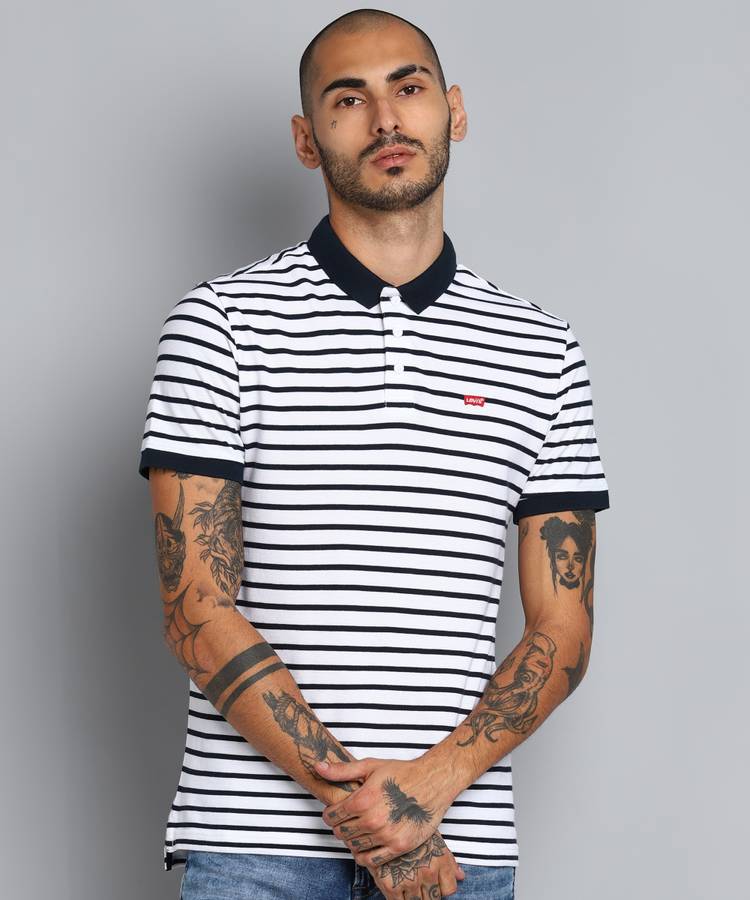 Striped Men Polo Neck White, Blue T-Shirt