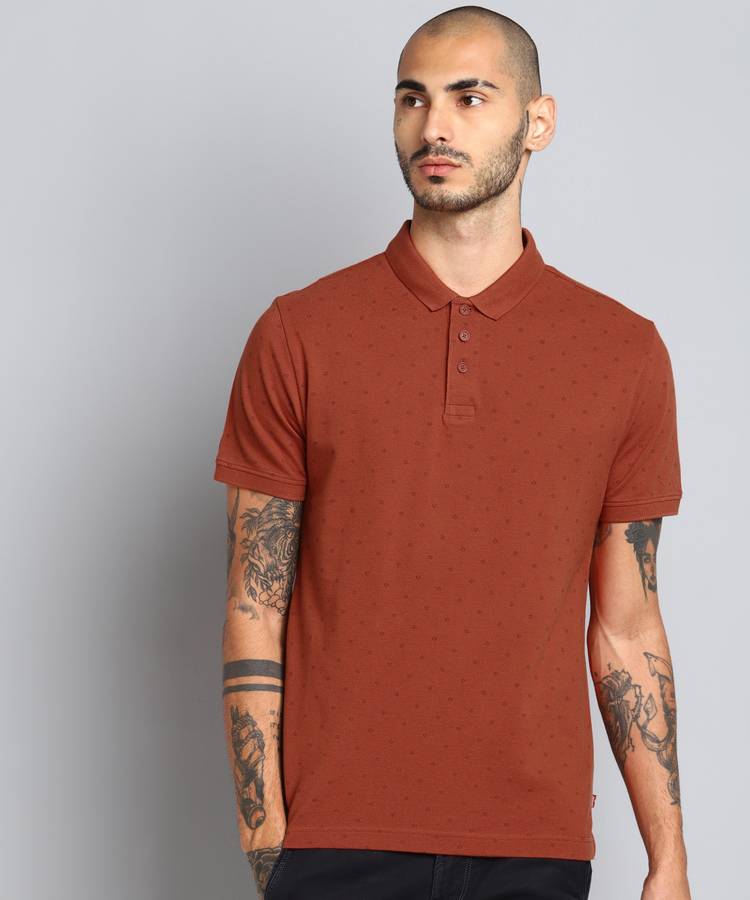 Printed Men Polo Neck Orange T-Shirt