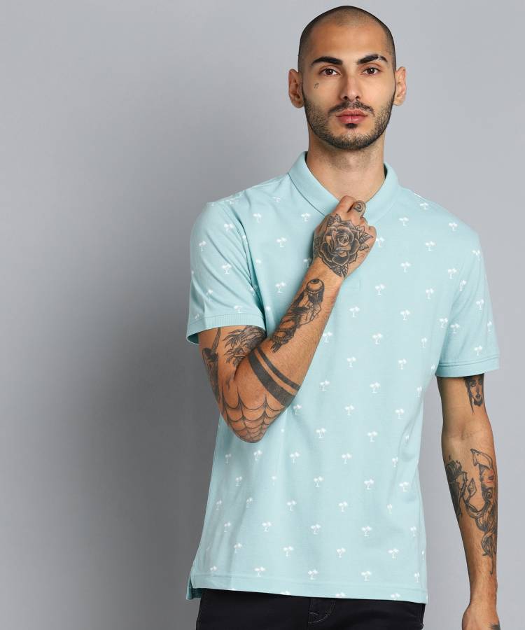 Printed Men Polo Neck Blue T-Shirt