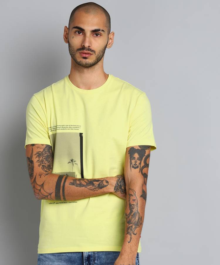 Graphic Print Men Round Neck Yellow T-Shirt