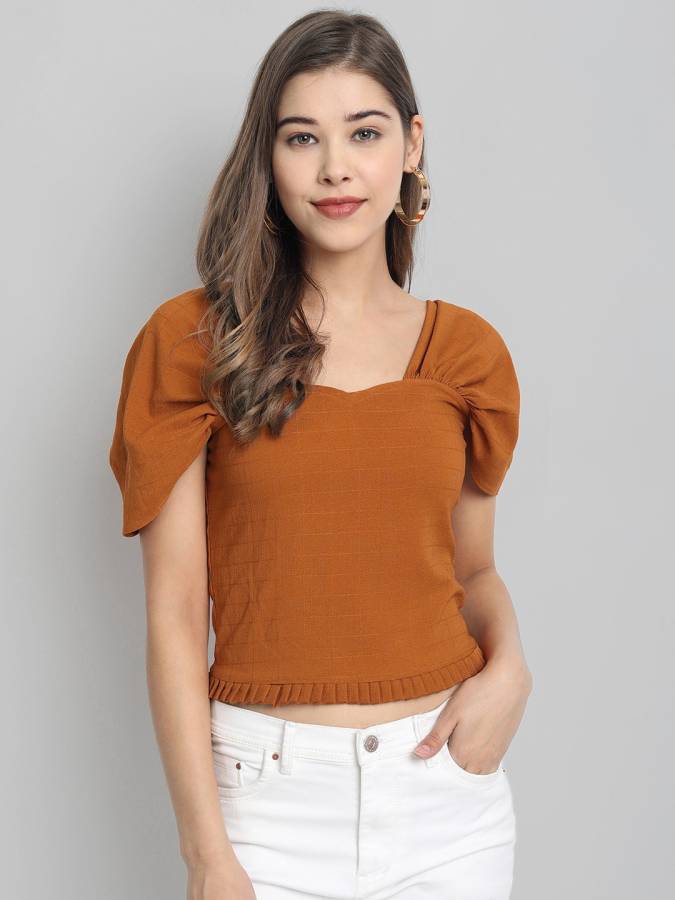 Casual Short Sleeve Solid Women Orange Top Price in India