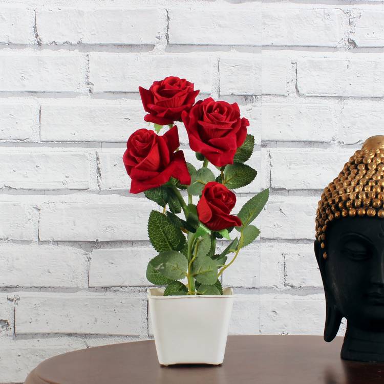 Flipkart Perfect Homes Rose Artificial Flower with White square pot for Home ad Office Decor Red Rose Artificial Flower  with Pot