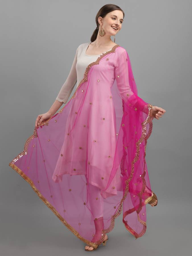 Net Embellished Pink Women Dupatta