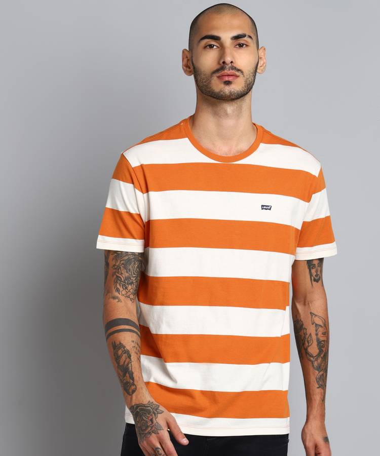 Striped Men Round Neck Orange T-Shirt