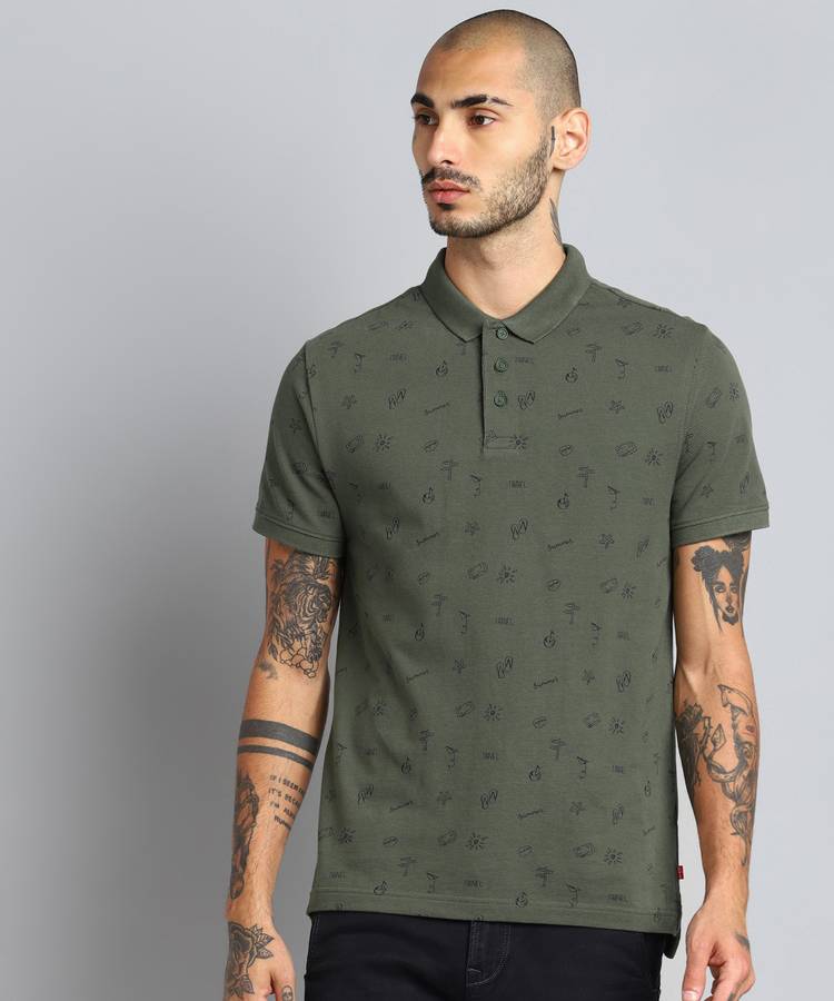 Printed Men Polo Neck Green T-Shirt