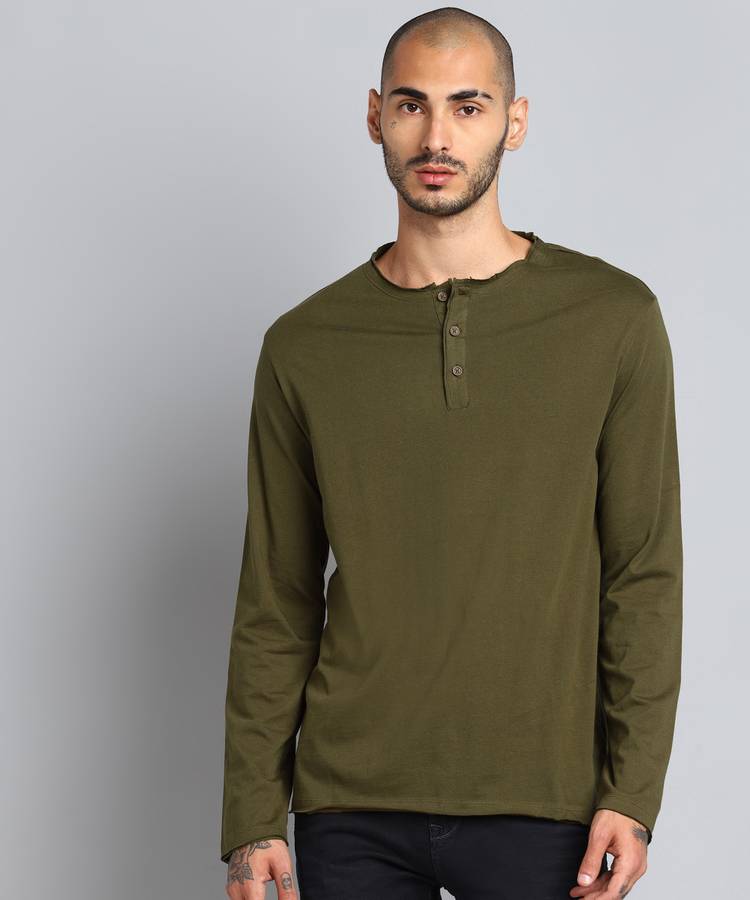 Solid Men Henley Neck Green T-Shirt