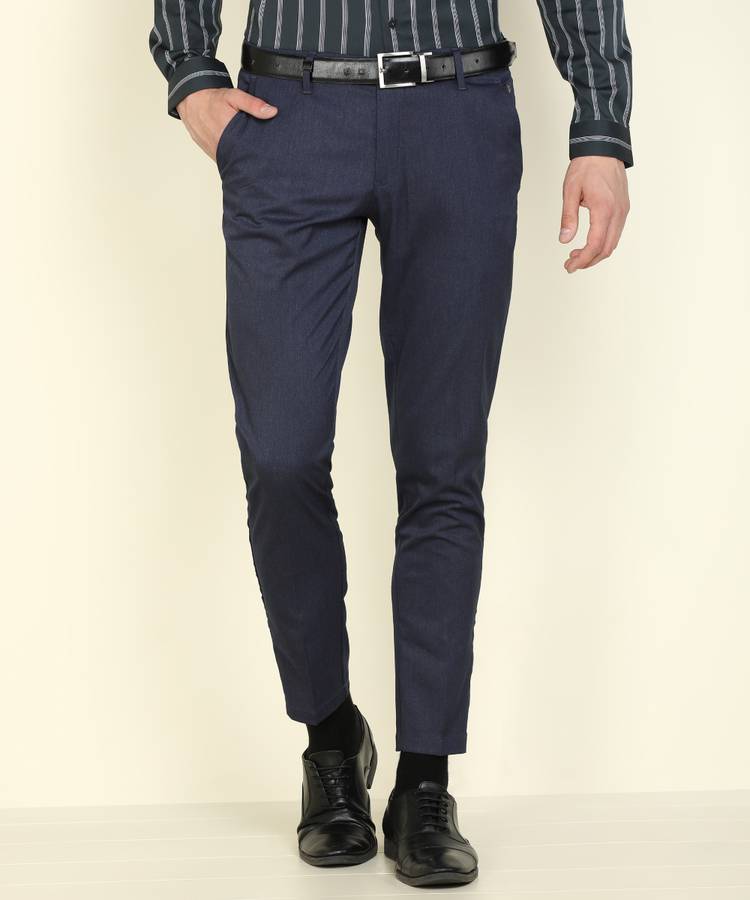 Tapered Men Blue Polyester Blend Trousers