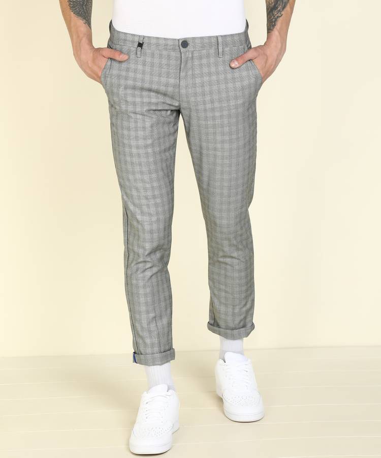 Tapered Men Grey Polyester Blend Trousers