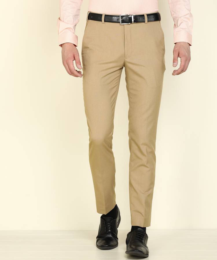 Slim Fit Men Khaki Polyester Blend Trousers