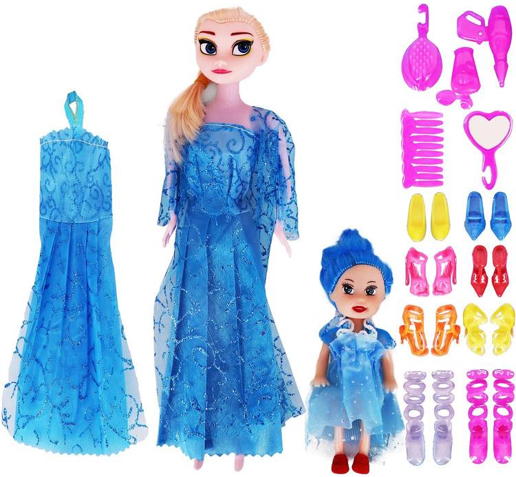 Aseenaa Beautiful Fashion Doll And Small Baby Doll Toy Set With Extra Dreess And Many Other Ornaments For Girls With Movable Joints | Baby Kids Dream House Adventures | Height : 28 Cm | Colour : Blue