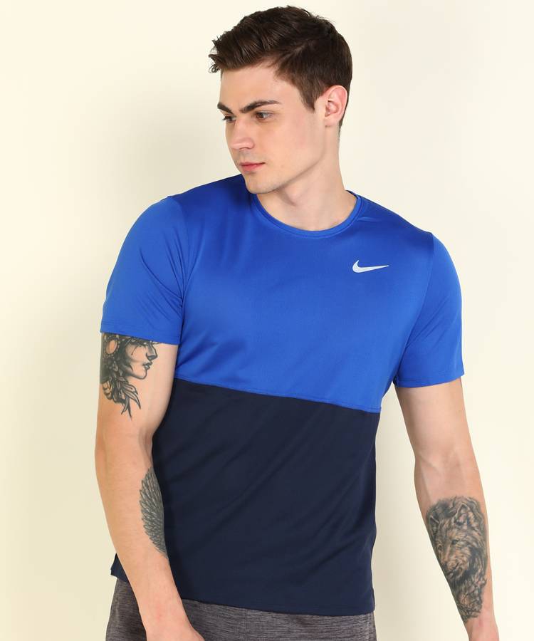 Perforations Men Round Neck Blue T-Shirt