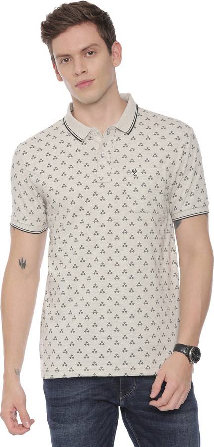 Printed Men Polo Neck Grey T-Shirt