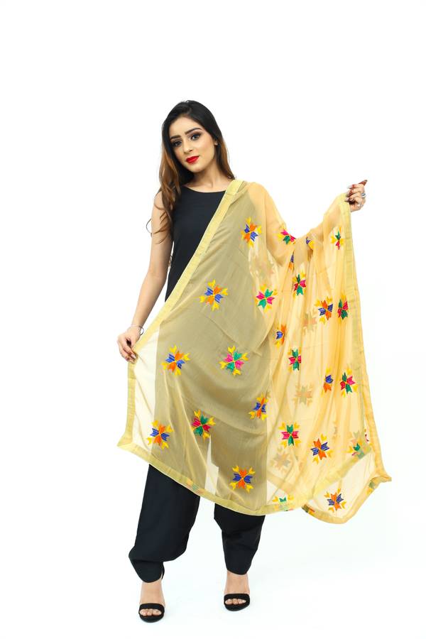 Poly Chiffon Embroidered Beige Women Dupatta