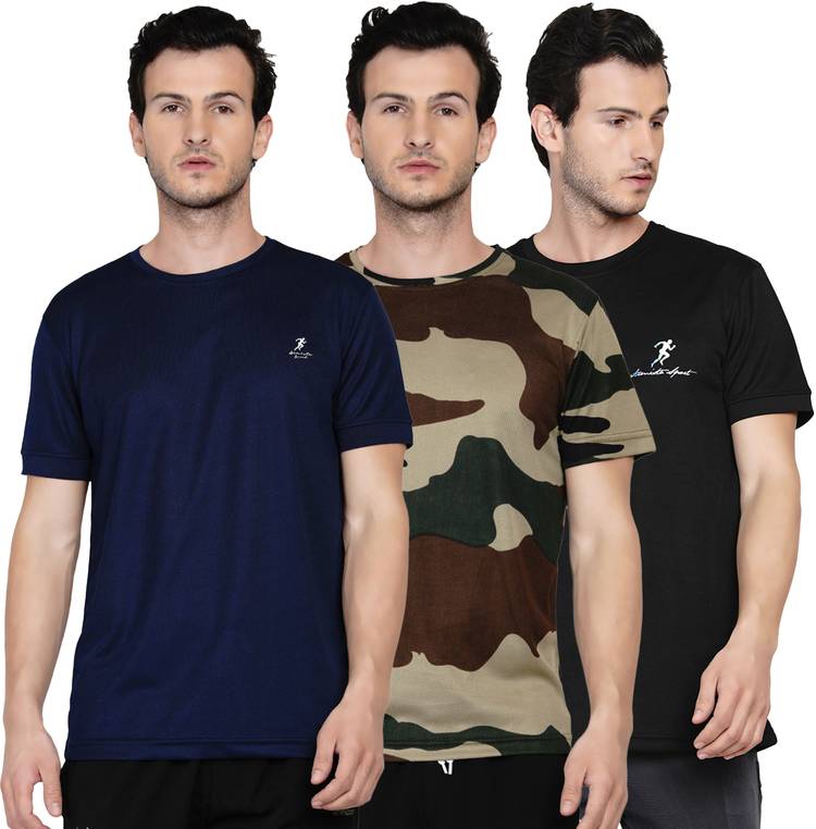 Solid Men Round Neck Dark Green, Black, Dark Blue T-Shirt