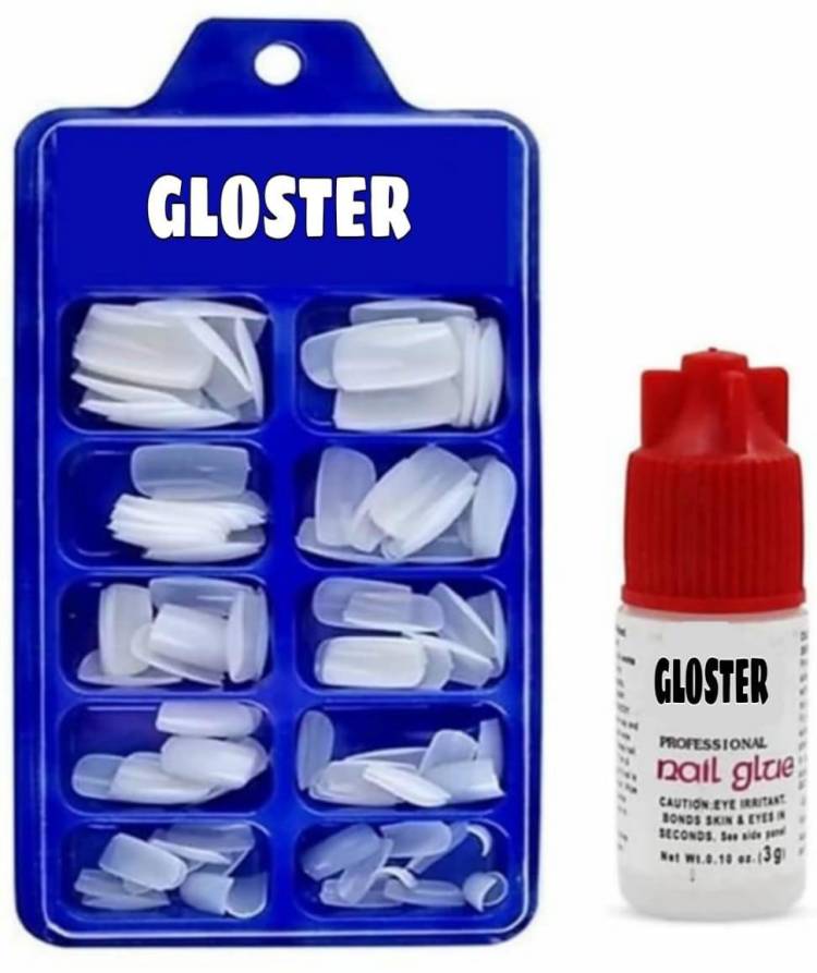Gloster 100 Pcs Reusable Acrylic False Nails With Nail Glue For Women's & Girls White (Pack of 100) WITH DIFFERENT SHAPES AND STYLES WHITE (Pack of 100) white Price in India